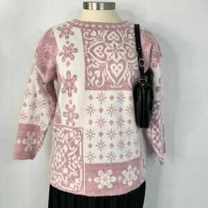 Vintage Pink White Oversized Crewneck Sweater Cottagecore Grandmacore